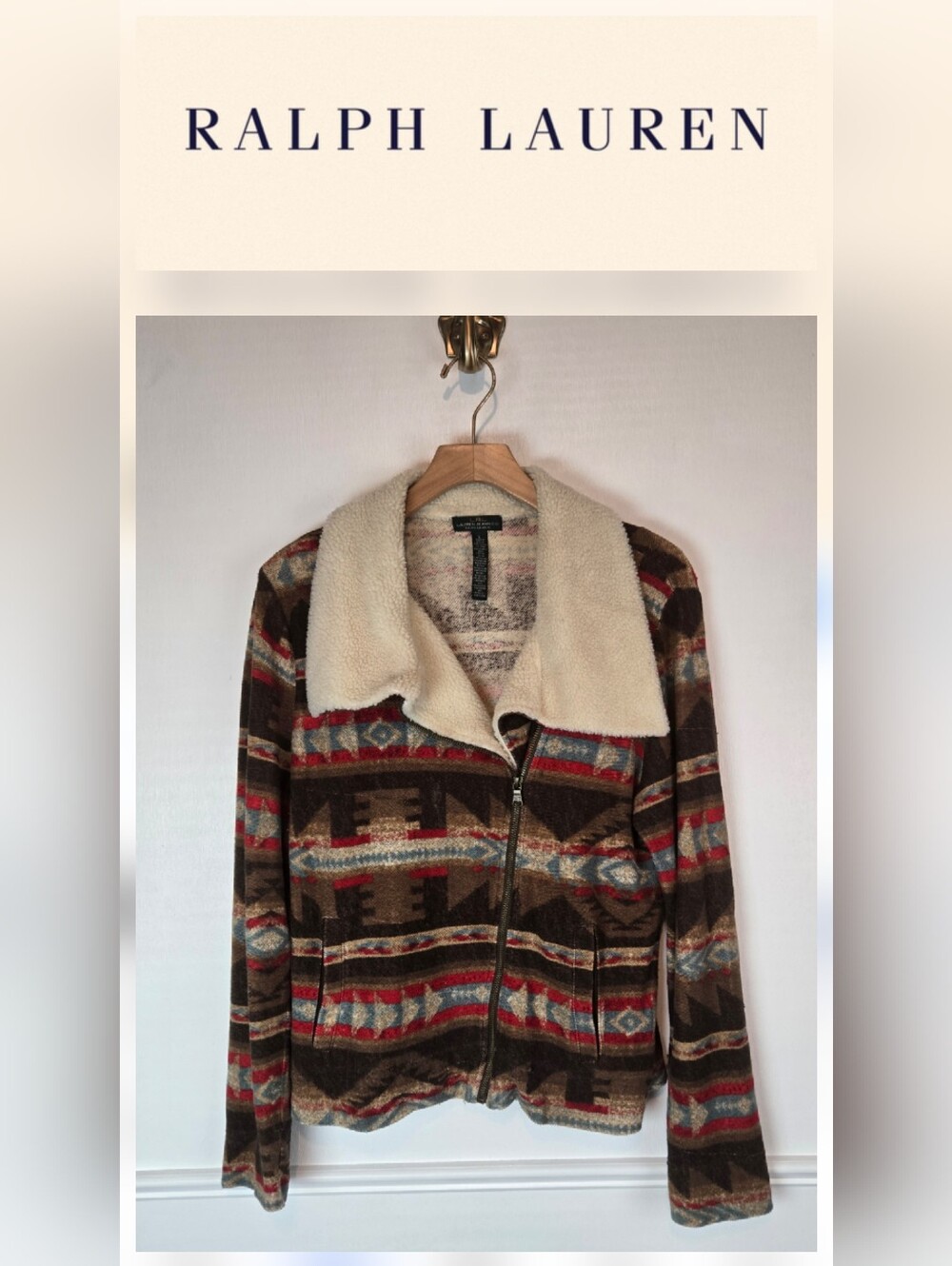 Ralph Lauren Aztec Southwestern Print Sherpa Zip Up Sz Large Jacket FLAWED